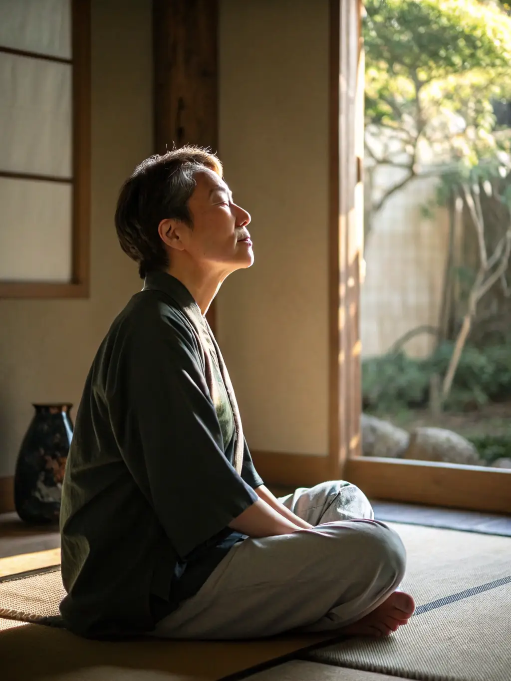 A person practicing mindfulness meditation at their desk, promoting mental clarity and stress reduction.