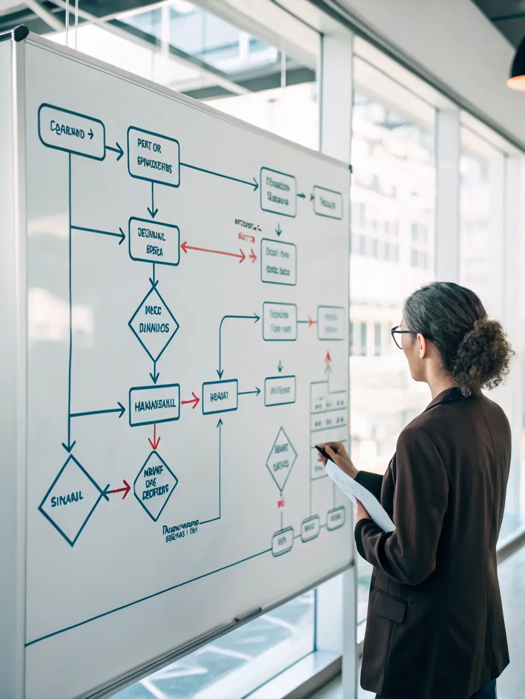 A visual representation of breaking down a large goal into smaller, manageable tasks, using a flowchart or mind map.