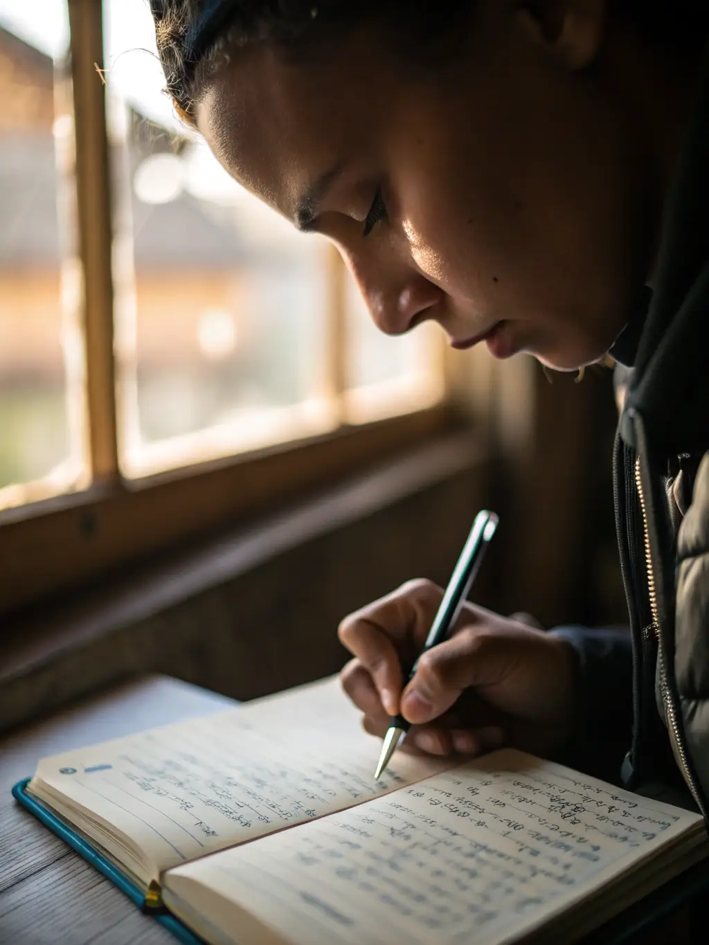 A person writing down goals in a notebook, with a determined expression, in a brightly lit, organized workspace.