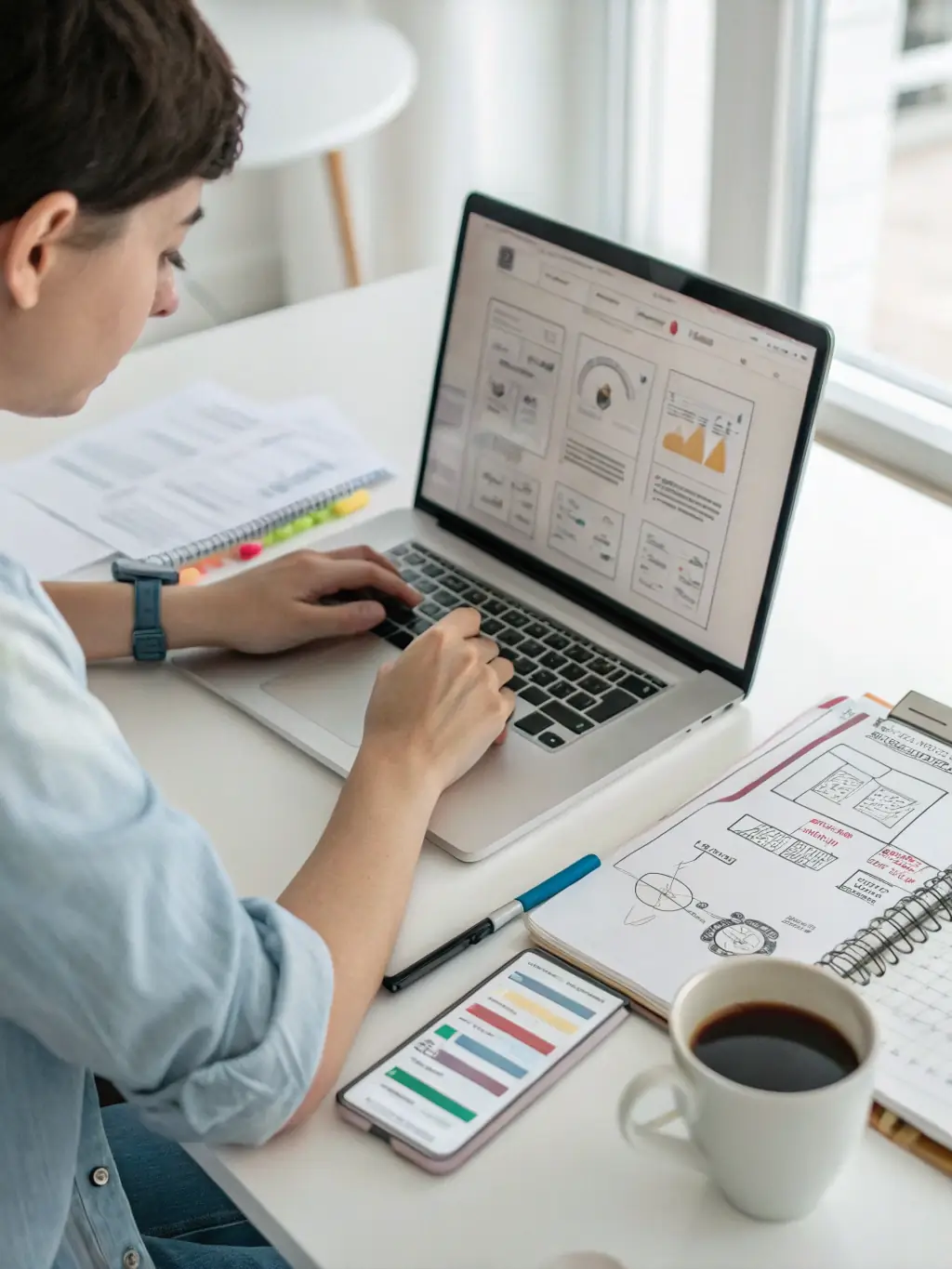A person reviewing a detailed project plan on a laptop, with visual aids like Gantt charts and timelines, emphasizing project management and goal setting, in the context of productivity resources offered by formaccesshub.