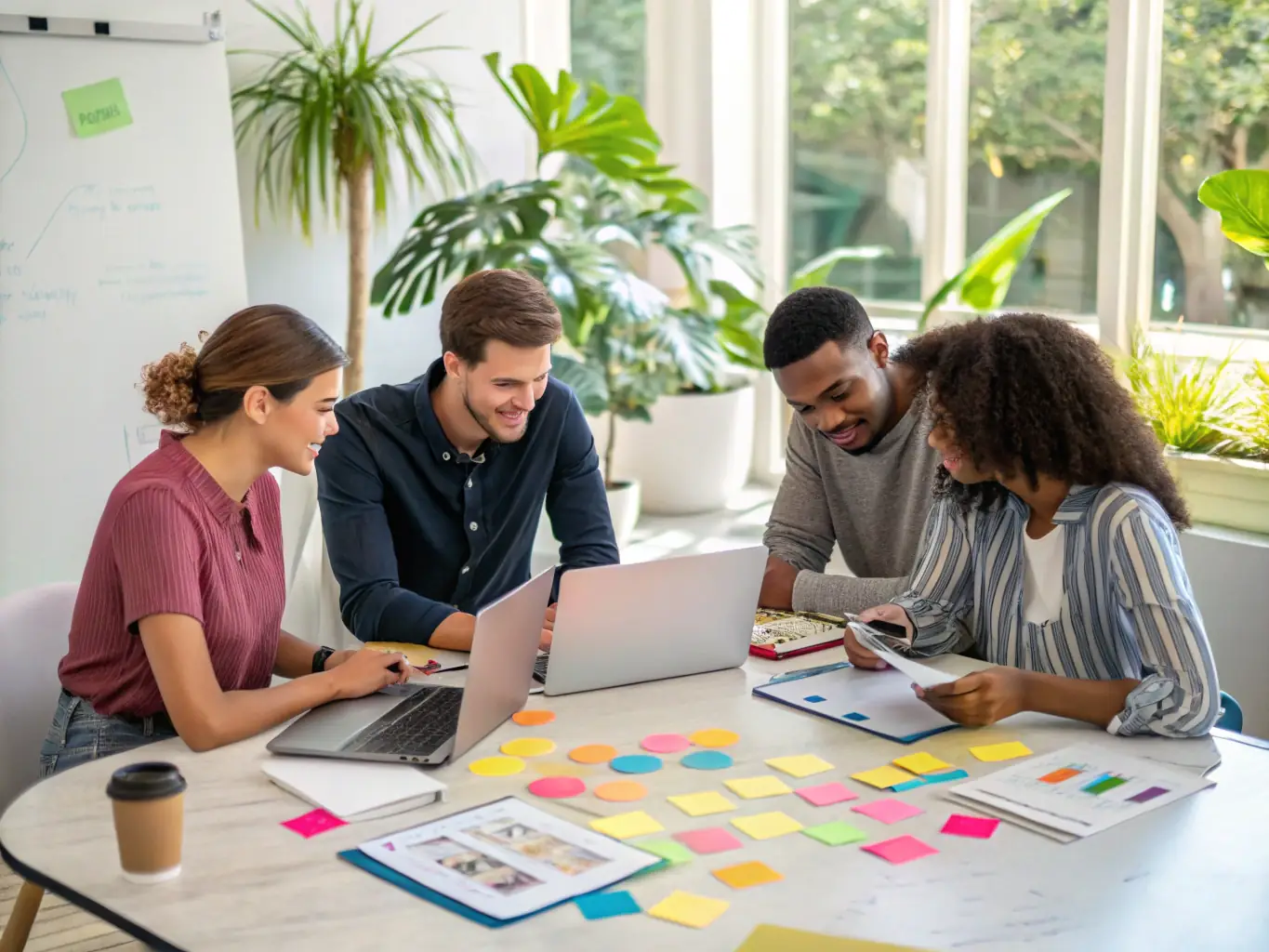 A team collaborating in a brainstorming session, using visual aids to map out project milestones and optimize workflow processes.