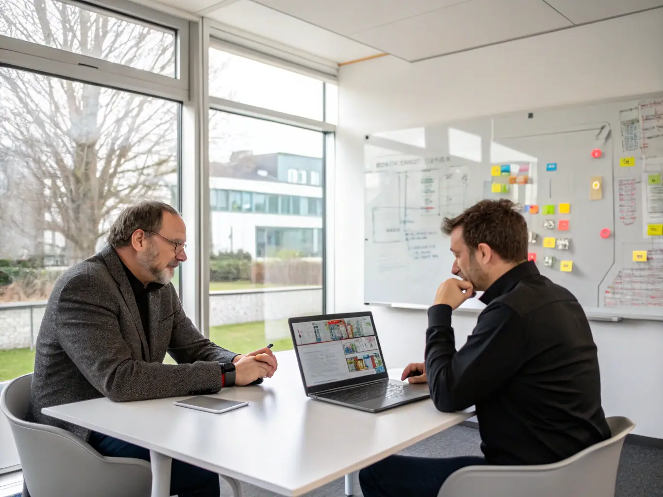 A consultant working with a client in a modern office setting, reviewing project timelines and discussing strategies for improved efficiency.