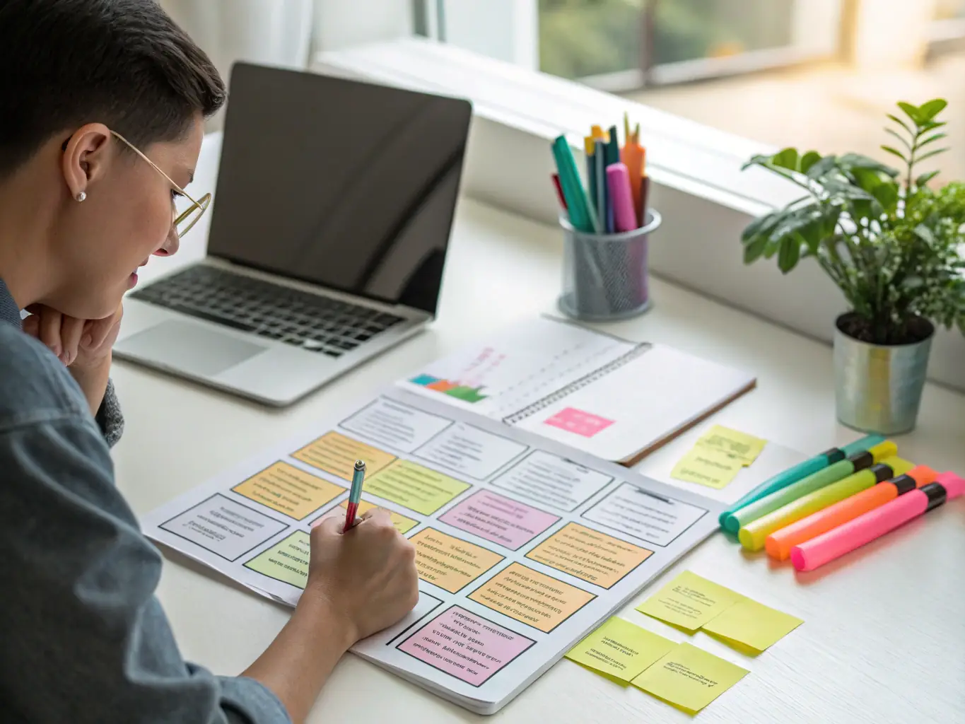 A person prioritizing tasks using the Eisenhower Matrix, categorizing tasks by urgency and importance.
