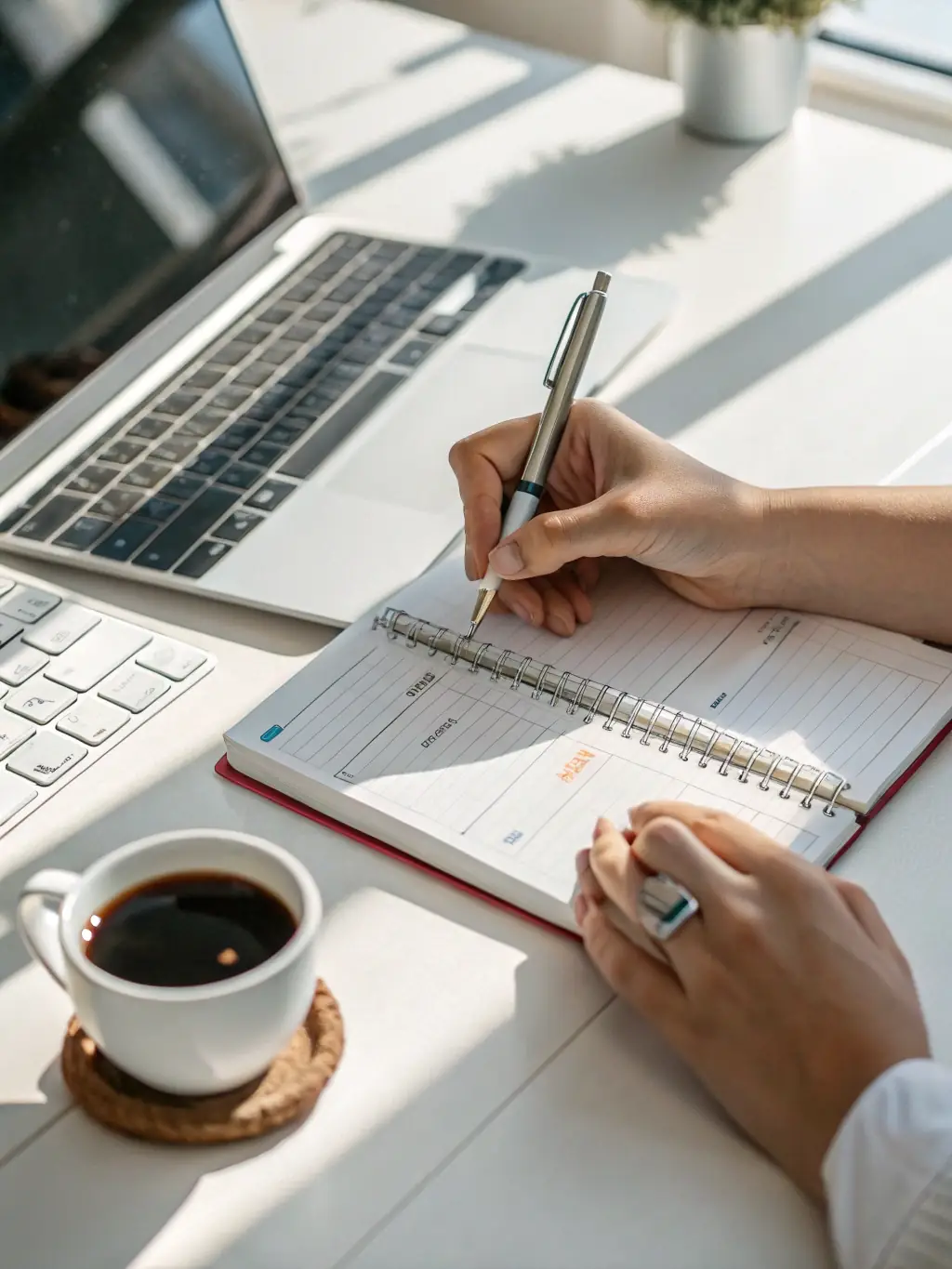 A person using a calendar or planner to schedule tasks and deadlines, with a focus on time management and organization.