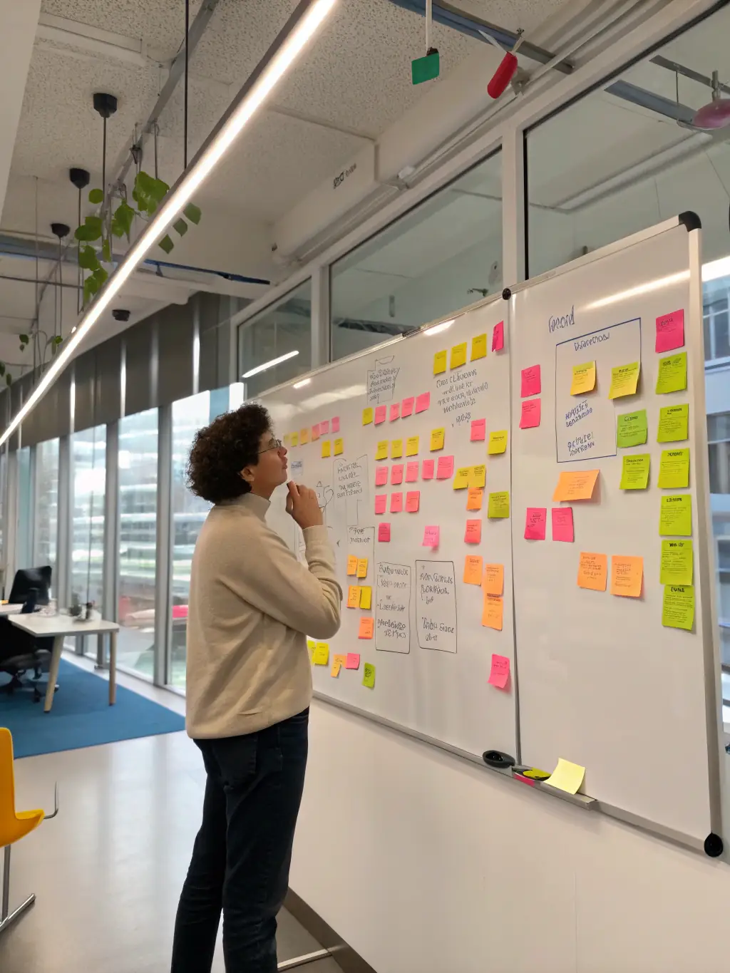 A person setting SMART goals on a whiteboard, showing specific, measurable, achievable, relevant, and time-bound objectives.