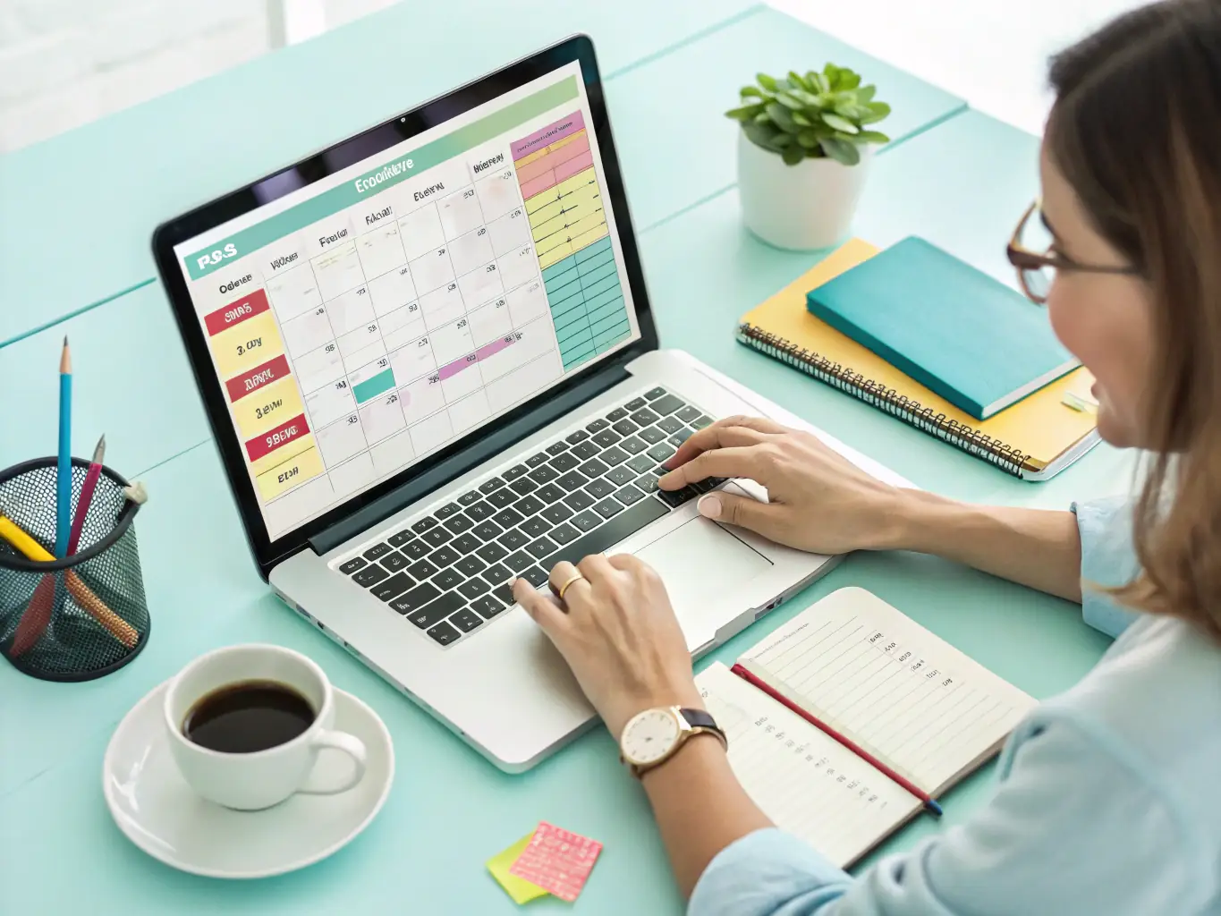 A person using time blocking in a digital calendar, scheduling specific tasks for different time slots.